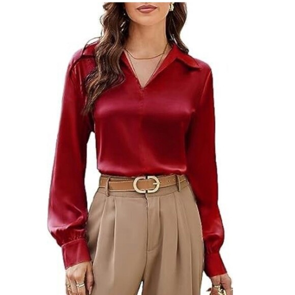 GRACE KARIN Satin Blouse Wide Lapel V Neck Long Sleeve NWT red XL classic office - Picture 1 of 12